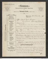 Nachlass Franz Steindachner, Brief von Hermann Rolle an Franz Steindachner (14.11.1908), Inv.Nr. 421.03, Seite 1